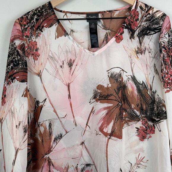 Chico's Travelers Top Women 2 US L Multi Wildflower Semi-Sheer Asymmetrical Hem - Picture 3 of 10